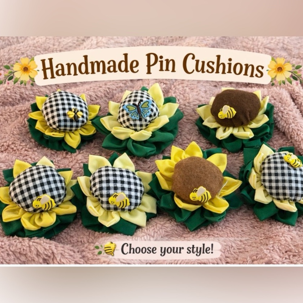 Handmade Sewing Pin Cushion – Fabric Flower w/ Accent – Choice of Design